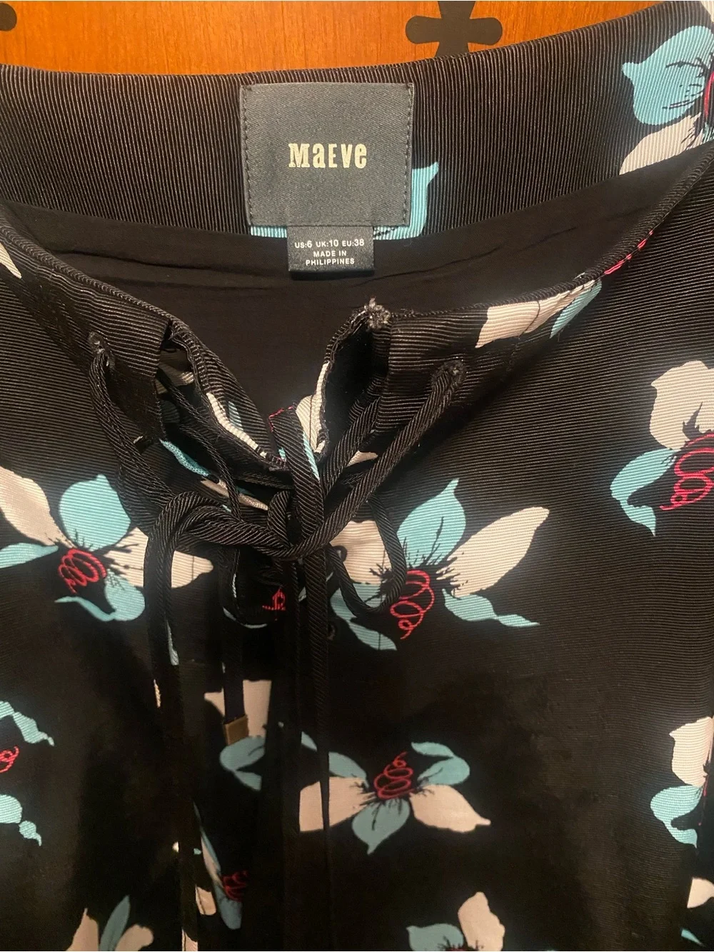 Maeve Black Floral Lace-Up Blouse with Aqua Accents